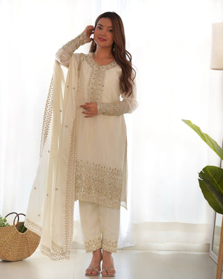 White Exquisite Pure Chinon Silk Kurta Set with Dupatta – Embroidered & Ready to Wear