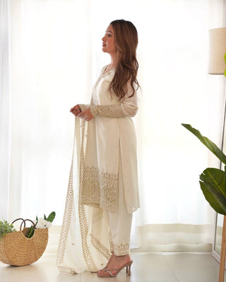 White Exquisite Pure Chinon Silk Kurta Set with Dupatta – Embroidered & Ready to Wear