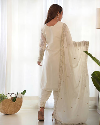 White Exquisite Pure Chinon Silk Kurta Set with Dupatta – Embroidered & Ready to Wear