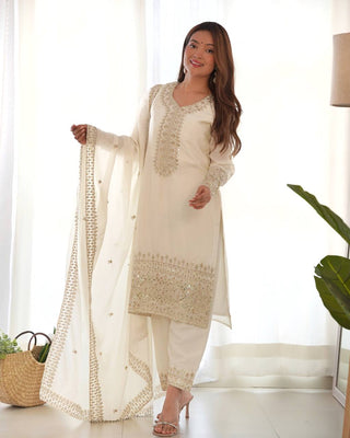 White Exquisite Pure Chinon Silk Kurta Set with Dupatta – Embroidered & Ready to Wear