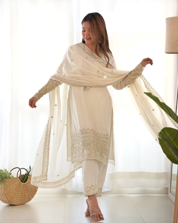 White Exquisite Pure Chinon Silk Kurta Set with Dupatta – Embroidered & Ready to Wear