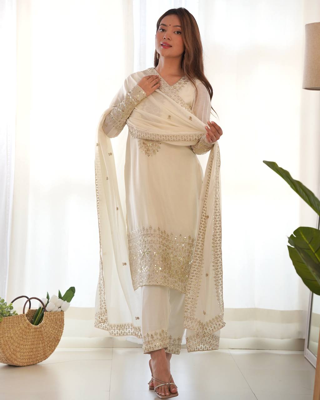 White Exquisite Pure Chinon Silk Kurta Set with Dupatta – Embroidered & Ready to Wear
