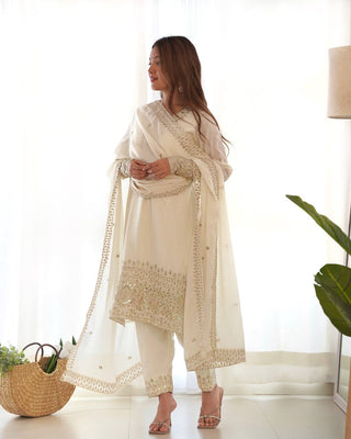 White Exquisite Pure Chinon Silk Kurta Set with Dupatta – Embroidered & Ready to Wear