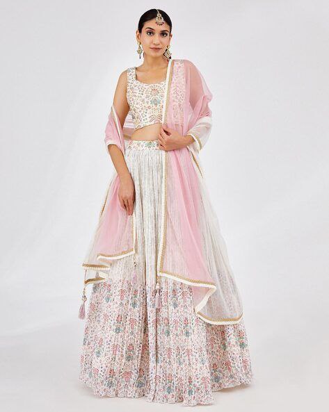 White Faux Georgette Printed Semi-Stitched Lehenga with Canvas & Can-Can, Banglory Printed Zari–Sequins Blouse & Two-Shade Net Dupatta Secondary image