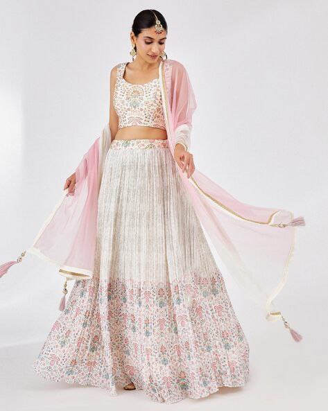 White Faux Georgette Printed Semi-Stitched Lehenga with Canvas & Can-Can, Banglory Printed Zari–Sequins Blouse & Two-Shade Net Dupatta ClothsVilla