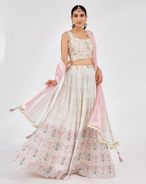 White Faux Georgette Printed Semi-Stitched Lehenga with Canvas & Can-Can, Banglory Printed Zari–Sequins Blouse & Two-Shade Net Dupatta ClothsVilla