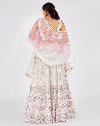 White Faux Georgette Printed Semi-Stitched Lehenga with Canvas & Can-Can, Banglory Printed Zari–Sequins Blouse & Two-Shade Net Dupatta ClothsVilla