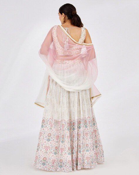 White Faux Georgette Printed Semi-Stitched Lehenga with Canvas & Can-Can, Banglory Printed Zari–Sequins Blouse & Two-Shade Net Dupatta ClothsVilla