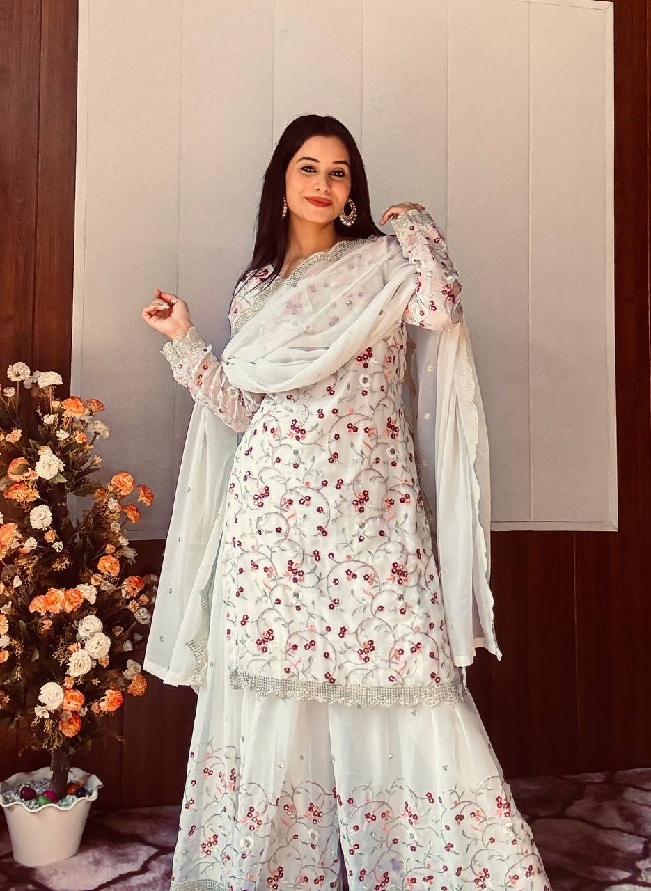White Festive Georgette Sharara Set with Sequins, Thread & Zari Work ClothsVilla