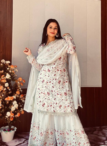 White Festive Georgette Sharara Set with Sequins, Thread & Zari Work ClothsVilla