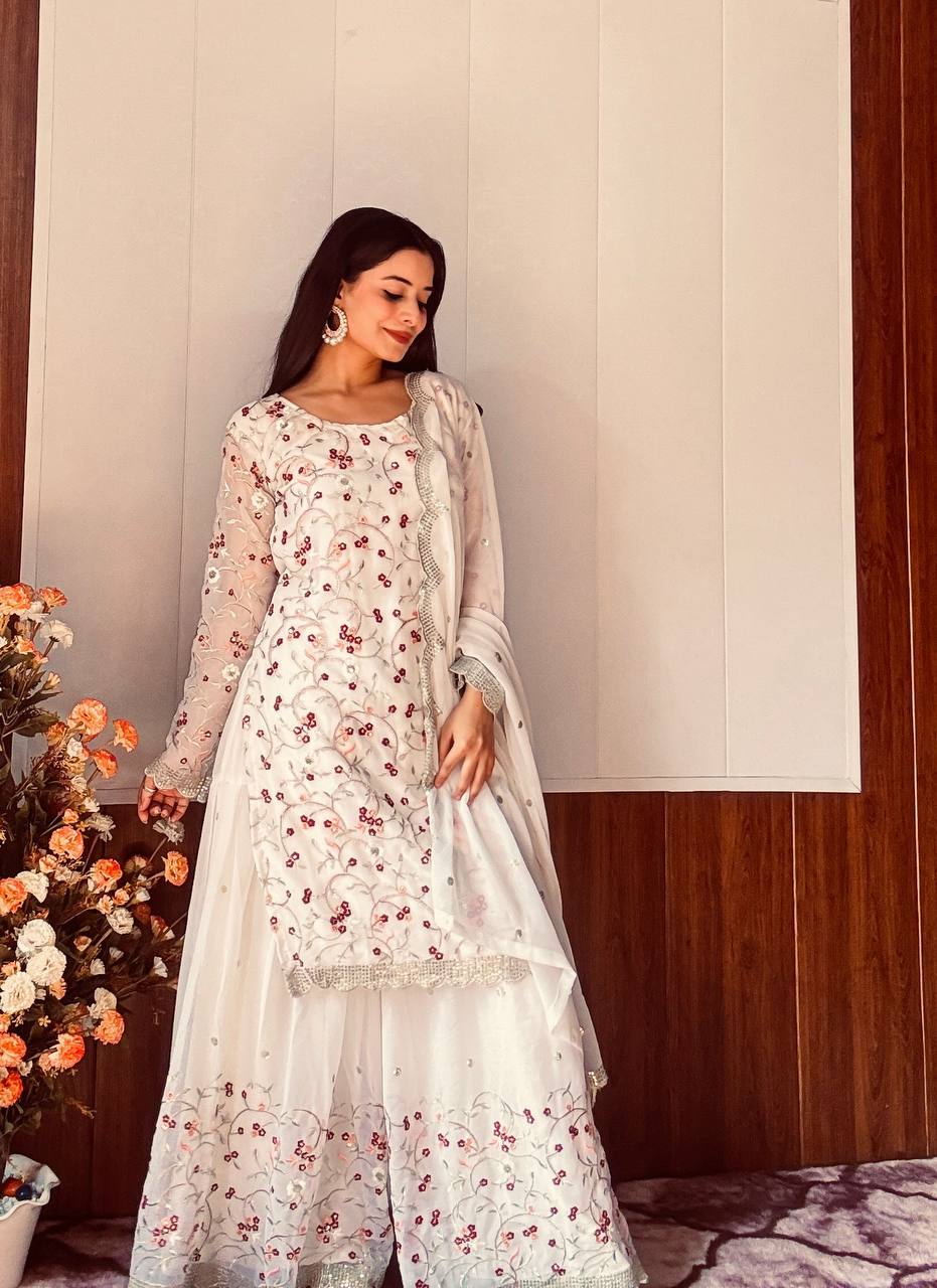 White Festive Georgette Sharara Set with Sequins, Thread & Zari Work ClothsVilla