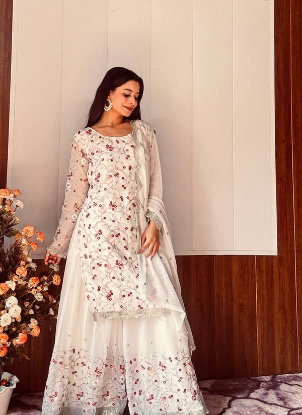 White Festive Georgette Sharara Set with Sequins, Thread & Zari Work ClothsVilla