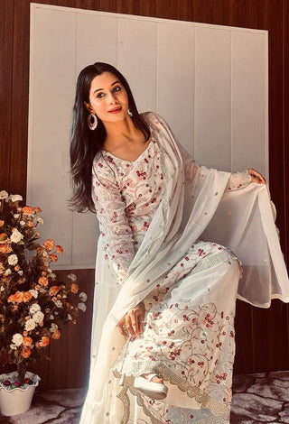 White Festive Georgette Sharara Set with Sequins, Thread & Zari Work ClothsVilla