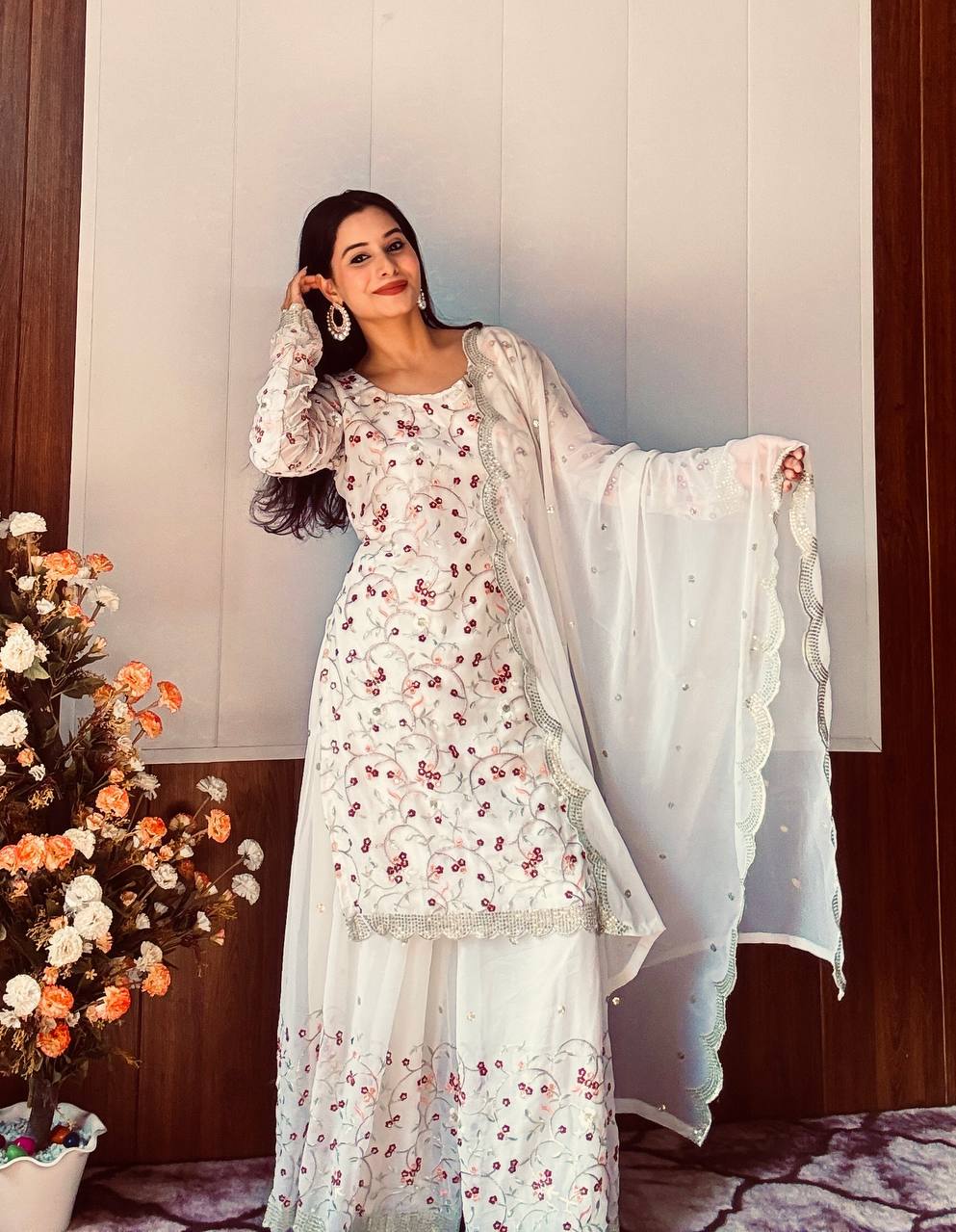 White Festive Georgette Sharara Set with Sequins, Thread & Zari Work ClothsVilla