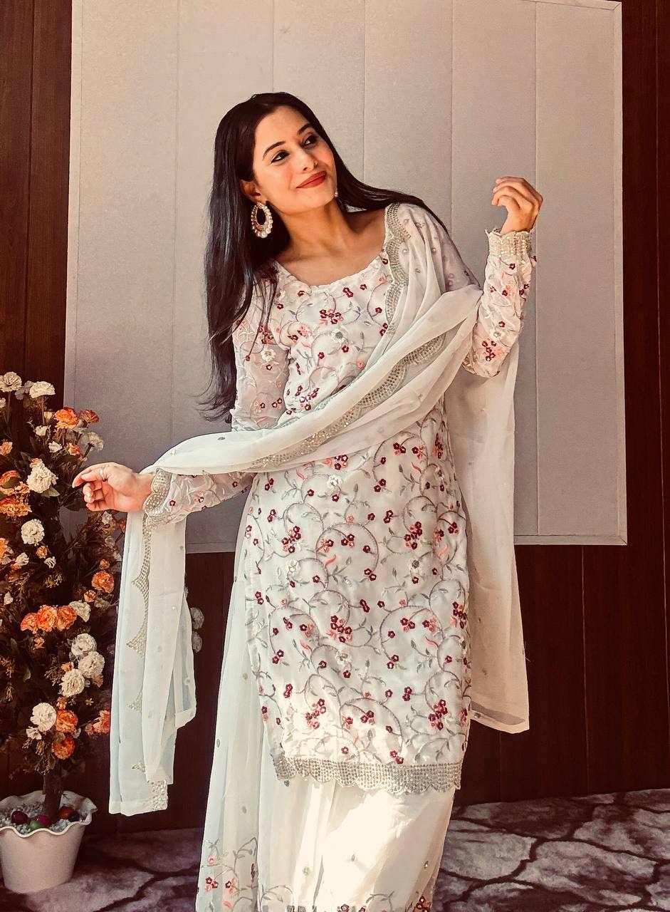 White Festive Georgette Sharara Set with Sequins, Thread & Zari Work ClothsVilla