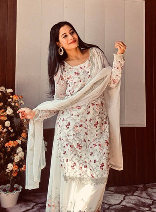 White Festive Georgette Sharara Set with Sequins, Thread & Zari Work ClothsVilla