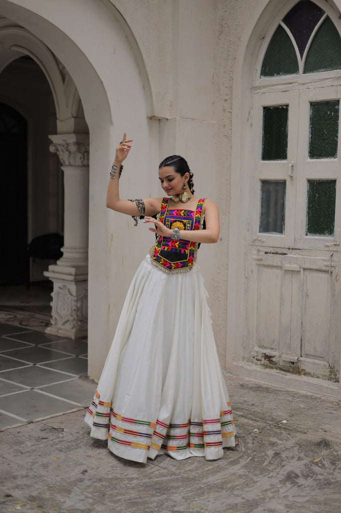 White Festive Roman Fabric Lehenga with black Kutchi Gamthi Embroidered Top ClothsVilla