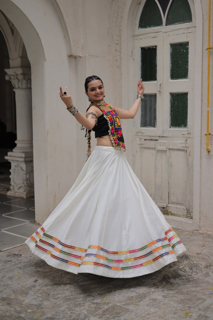 White Festive Roman Fabric Lehenga with black Kutchi Gamthi Embroidered Top ClothsVilla