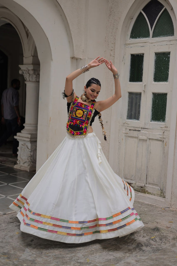 White Festive Roman Fabric Lehenga with black Kutchi Gamthi Embroidered Top ClothsVilla