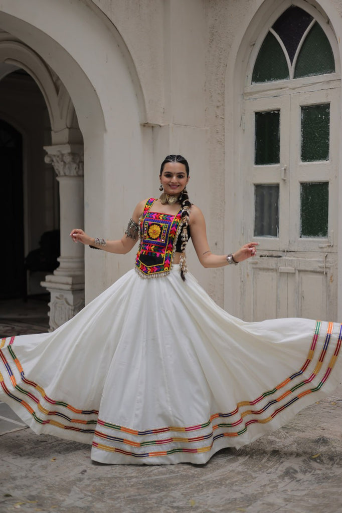 White Festive Roman Fabric Lehenga with black Kutchi Gamthi Embroidered Top ClothsVilla