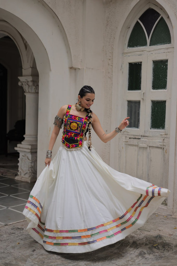 White Festive Roman Fabric Lehenga with black Kutchi Gamthi Embroidered Top ClothsVilla