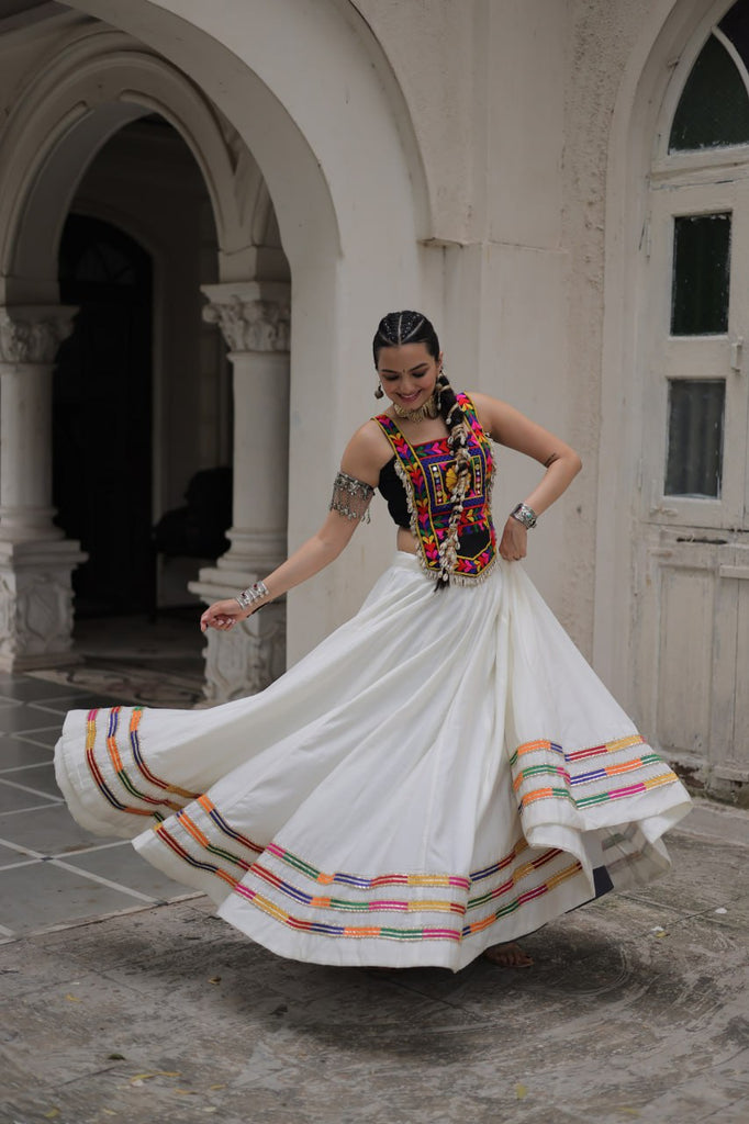 White Festive Roman Fabric Lehenga with black Kutchi Gamthi Embroidered Top ClothsVilla