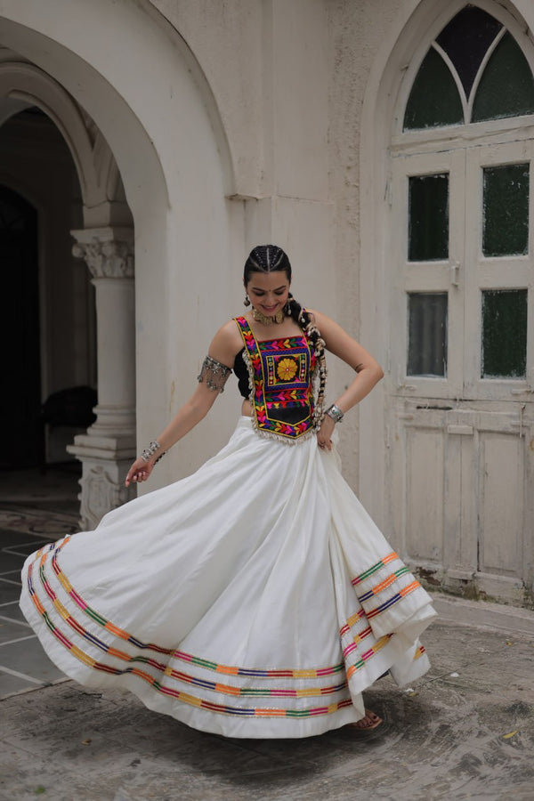 White Festive Roman Fabric Lehenga with black Kutchi Gamthi Embroidered Top ClothsVilla