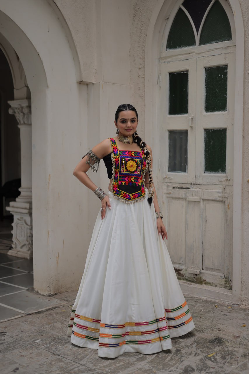 White Festive Roman Fabric Lehenga with black Kutchi Gamthi Embroidered Top ClothsVilla