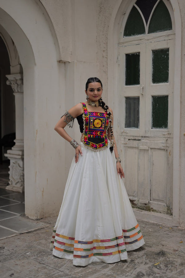 White Festive Roman Fabric Lehenga with black Kutchi Gamthi Embroidered Top ClothsVilla
