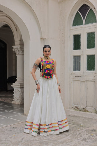White Festive Roman Fabric Lehenga with black Kutchi Gamthi Embroidered Top ClothsVilla