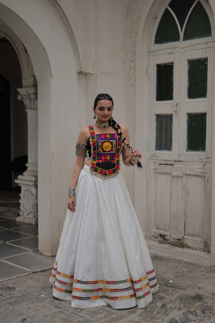 White Festive Roman Fabric Lehenga with black Kutchi Gamthi Embroidered Top ClothsVilla