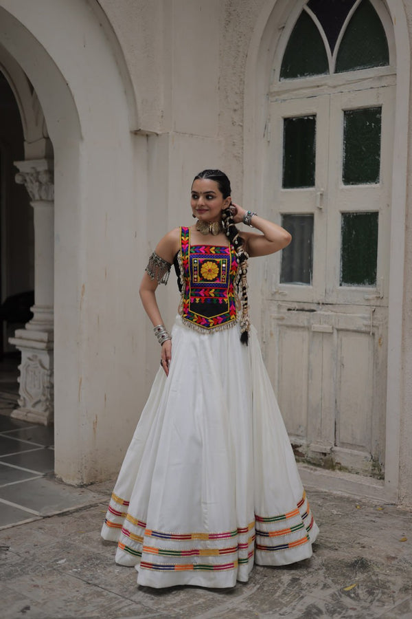White Festive Roman Fabric Lehenga with black Kutchi Gamthi Embroidered Top ClothsVilla