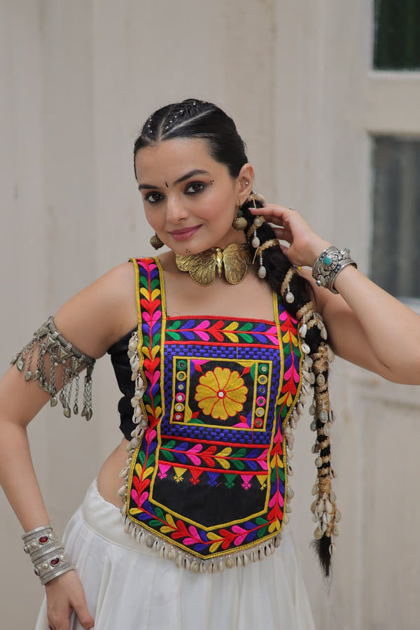 White Festive Roman Fabric Lehenga with black Kutchi Gamthi Embroidered Top ClothsVilla