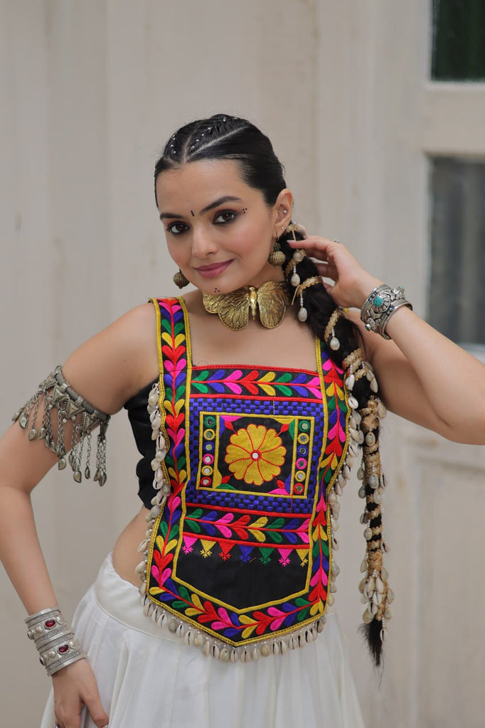 White Festive Roman Fabric Lehenga with black Kutchi Gamthi Embroidered Top ClothsVilla