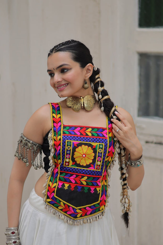 White Festive Roman Fabric Lehenga with black Kutchi Gamthi Embroidered Top ClothsVilla