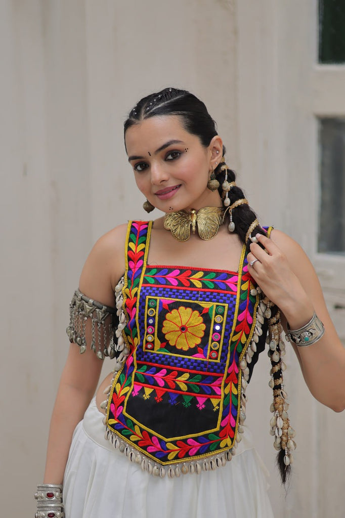 White Festive Roman Fabric Lehenga with black Kutchi Gamthi Embroidered Top ClothsVilla