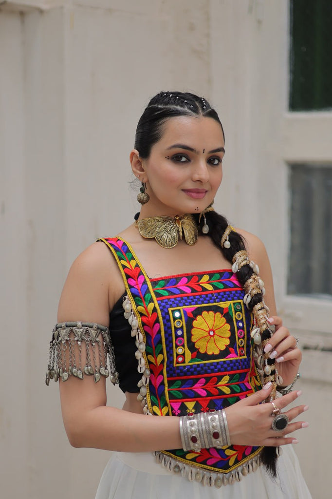 White Festive Roman Fabric Lehenga with black Kutchi Gamthi Embroidered Top ClothsVilla