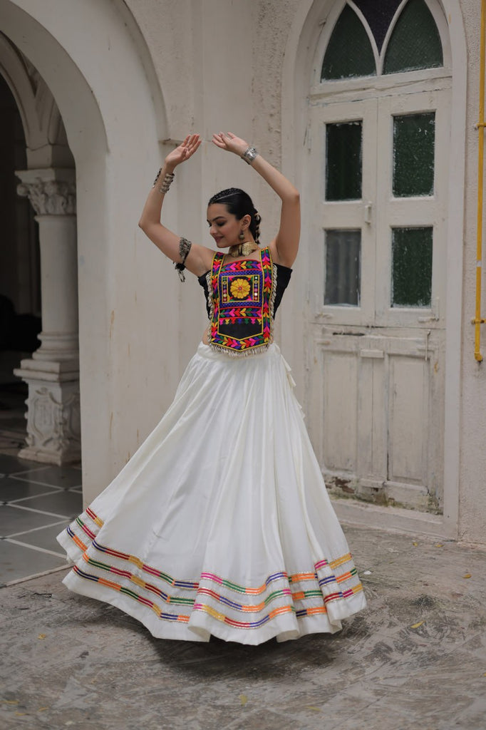 White Festive Roman Fabric Lehenga with black Kutchi Gamthi Embroidered Top ClothsVilla