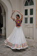 Load image into Gallery viewer, White Festive Roman Fabric Lehenga with black Kutchi Gamthi Embroidered Top ClothsVilla
