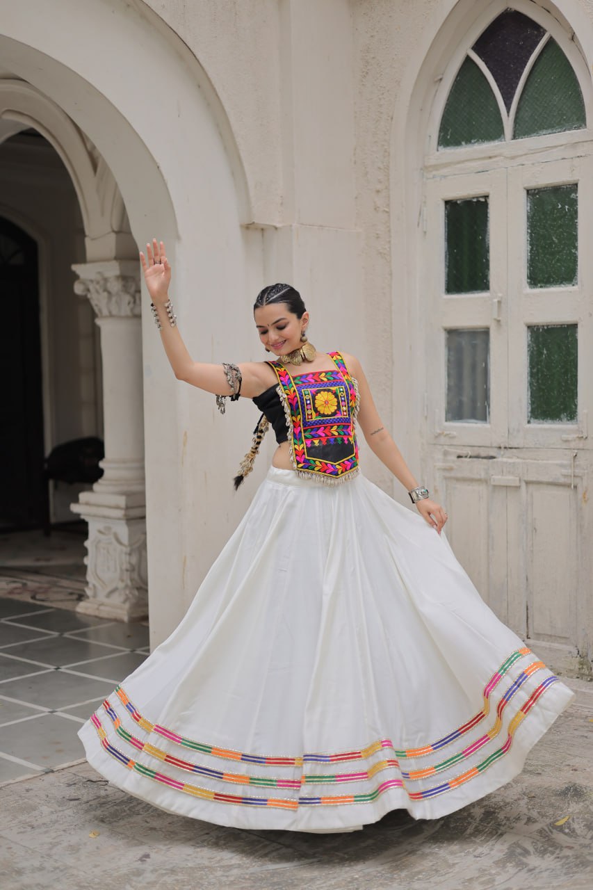 White Festive Roman Fabric Lehenga with black Kutchi Gamthi Embroidered Top ClothsVilla