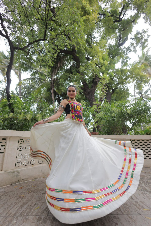 White Festive Roman Fabric Lehenga with black Kutchi Gamthi Embroidered Top ClothsVilla