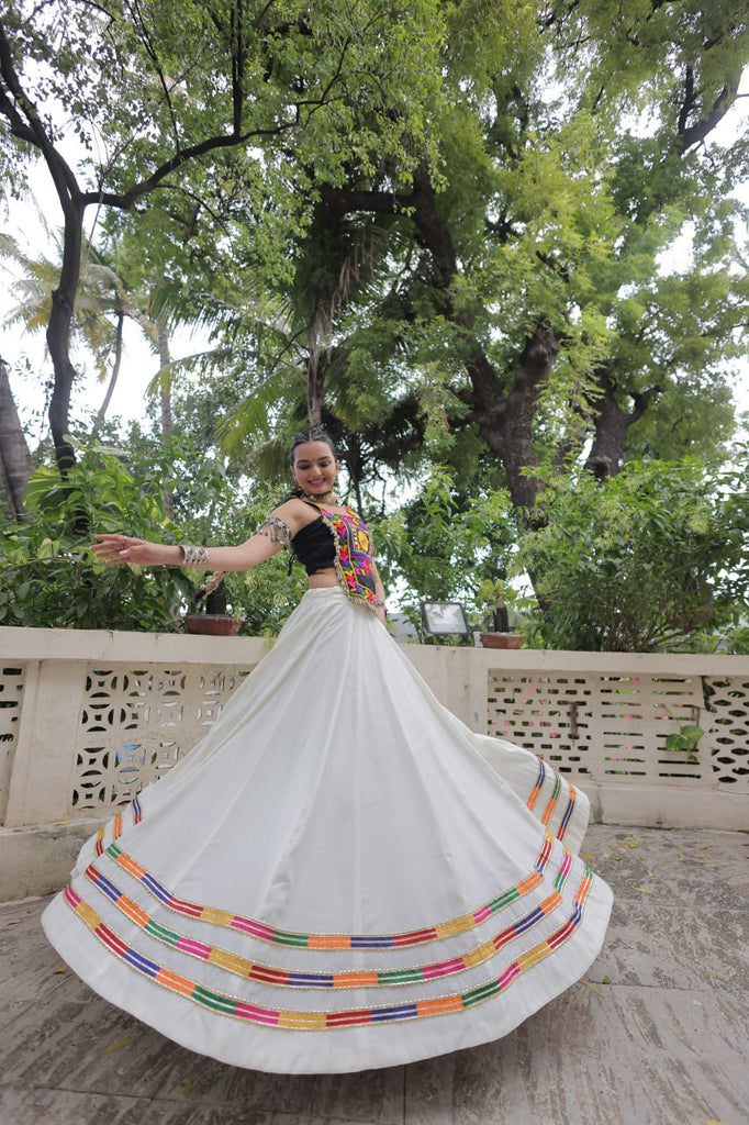 White Festive Roman Fabric Lehenga with black Kutchi Gamthi Embroidered Top ClothsVilla
