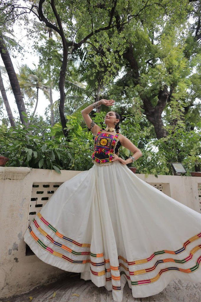 White Festive Roman Fabric Lehenga with black Kutchi Gamthi Embroidered Top ClothsVilla
