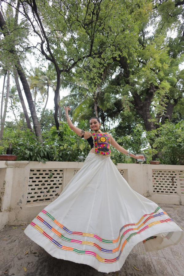 White Festive Roman Fabric Lehenga with black Kutchi Gamthi Embroidered Top ClothsVilla