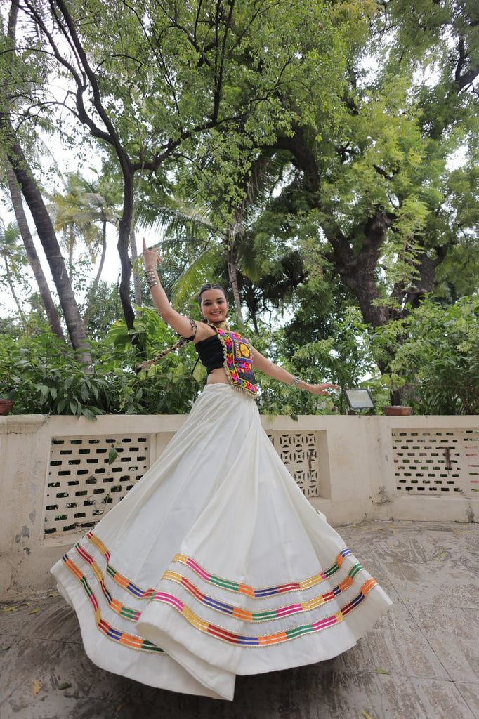White Festive Roman Fabric Lehenga with black Kutchi Gamthi Embroidered Top ClothsVilla