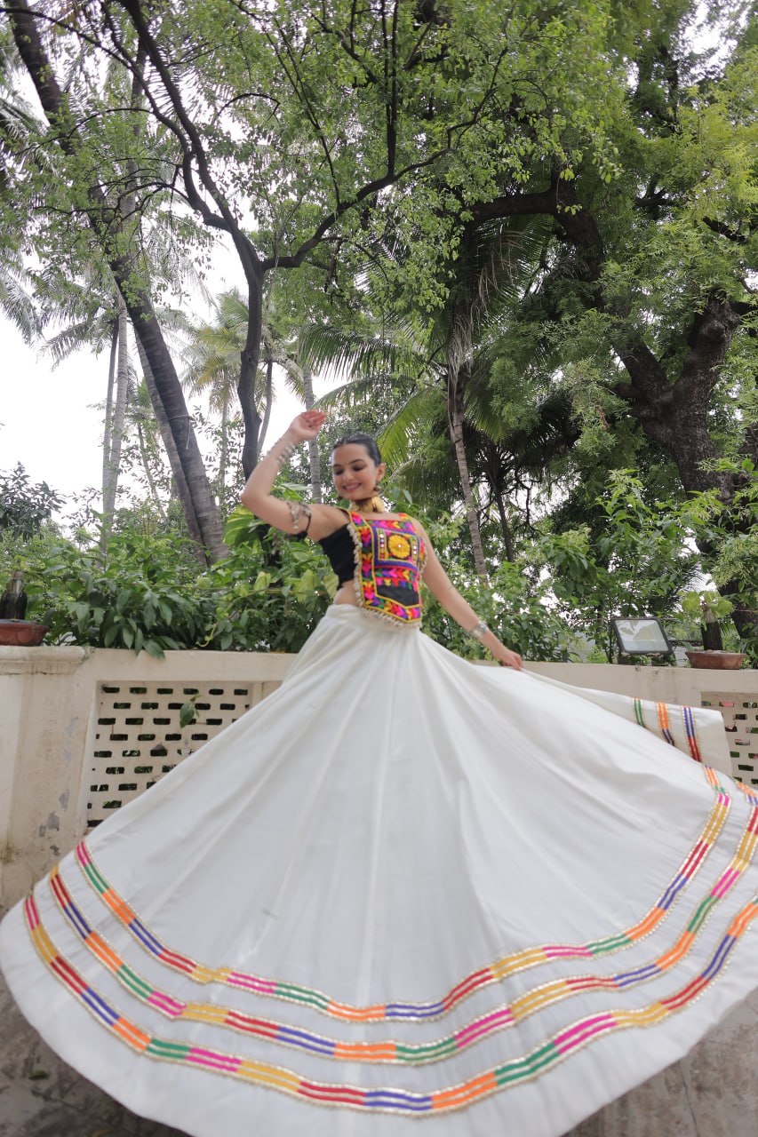 White Festive Roman Fabric Lehenga with black Kutchi Gamthi Embroidered Top ClothsVilla