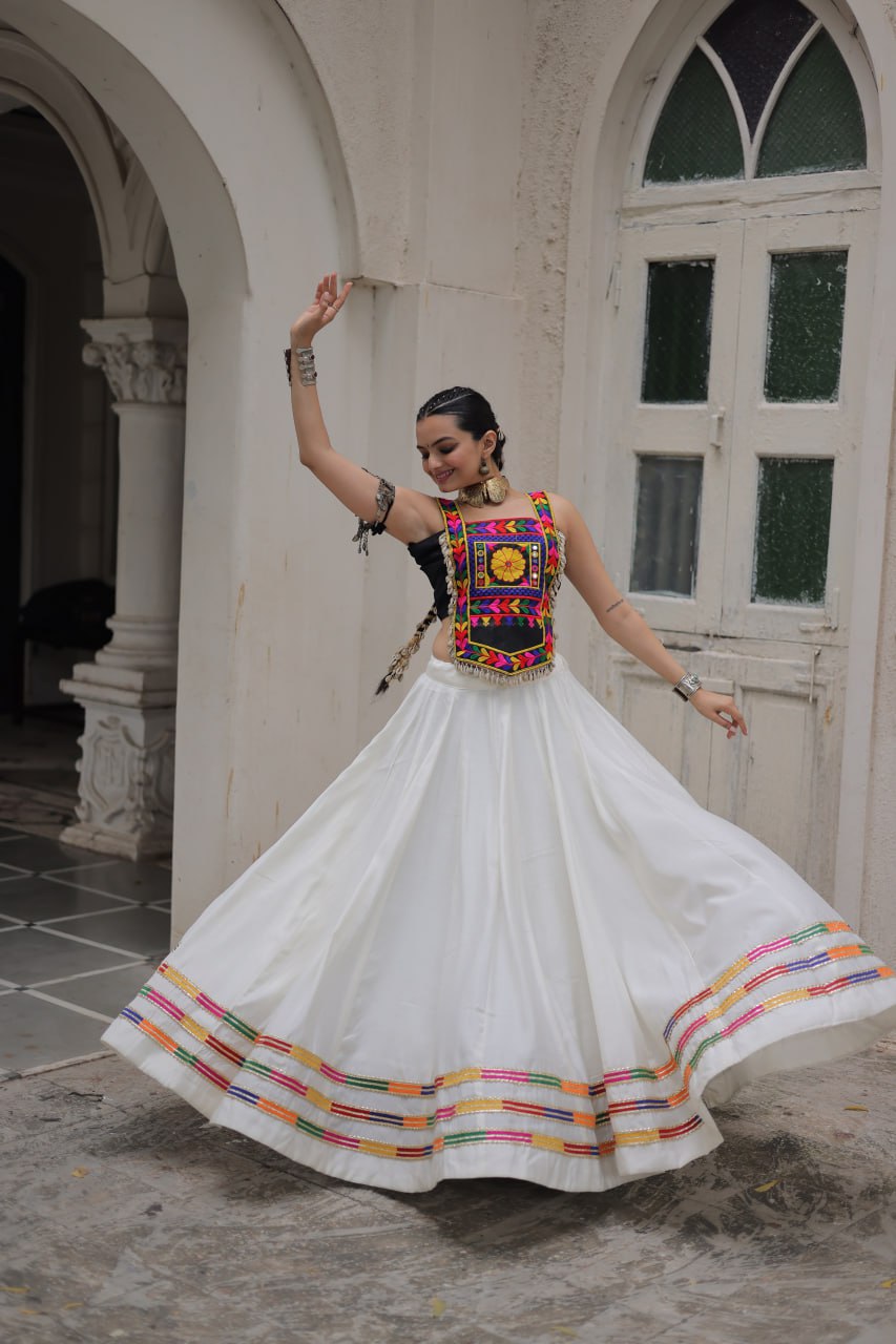 White Festive Roman Fabric Lehenga with black Kutchi Gamthi Embroidered Top ClothsVilla