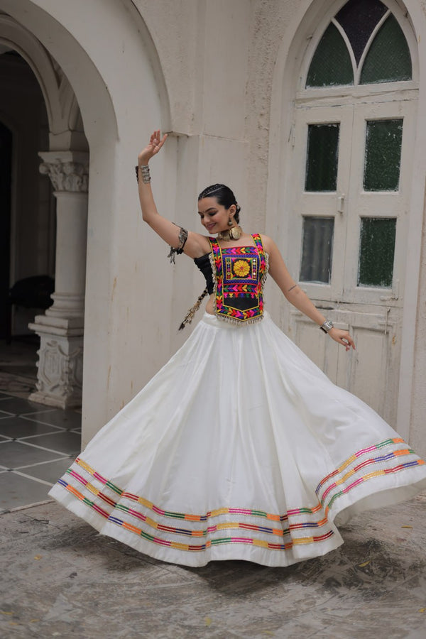 White Festive Roman Fabric Lehenga with black Kutchi Gamthi Embroidered Top ClothsVilla