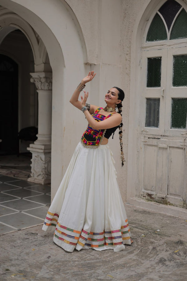 White Festive Roman Fabric Lehenga with black Kutchi Gamthi Embroidered Top ClothsVilla