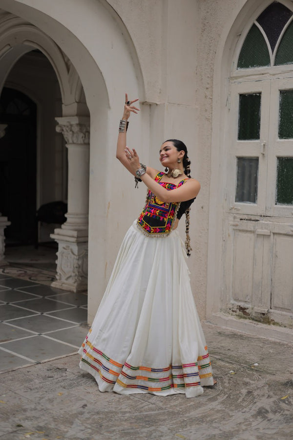 White Festive Roman Fabric Lehenga with black Kutchi Gamthi Embroidered Top ClothsVilla